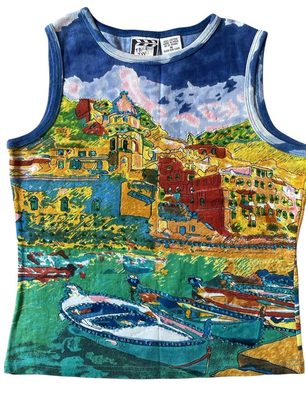 Art To Wear Take Two Tank Top Embellished Scenic European Coastal Village Print